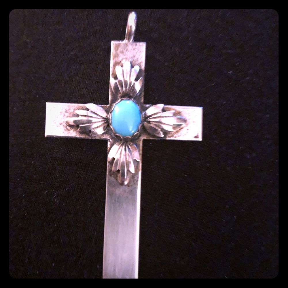 Vintage sterling cross with turquoise signed K.Y.